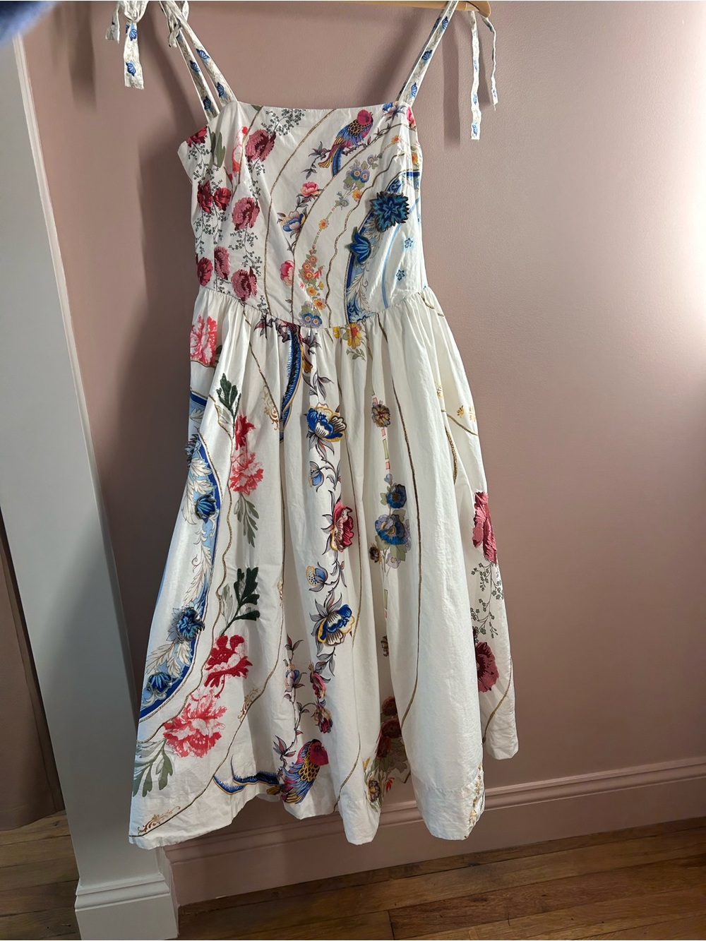 Maeve by Anthropology White Floral Tie-Shoulder Sundress with floral appliqués